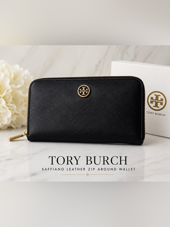 Tory Burch Handbags - Tory Burch Black Saffiano Leather Zip Around Wallet Gold Logo